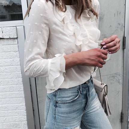 Feitong Women Ladies Blouses And Tops Casual Ruffles Lace Polka Dot O Neck Shirt Long Sleeve Blouse blusas mujer de moda