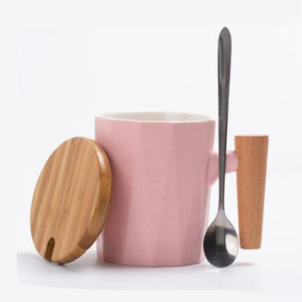 Simple Solid Color Mug With Wooden Handle Ceramic Mug