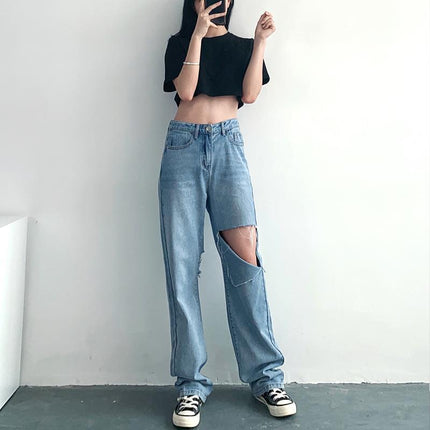 High Waist Ripped Loose Straight Leg Jeans Women Mopping Pants