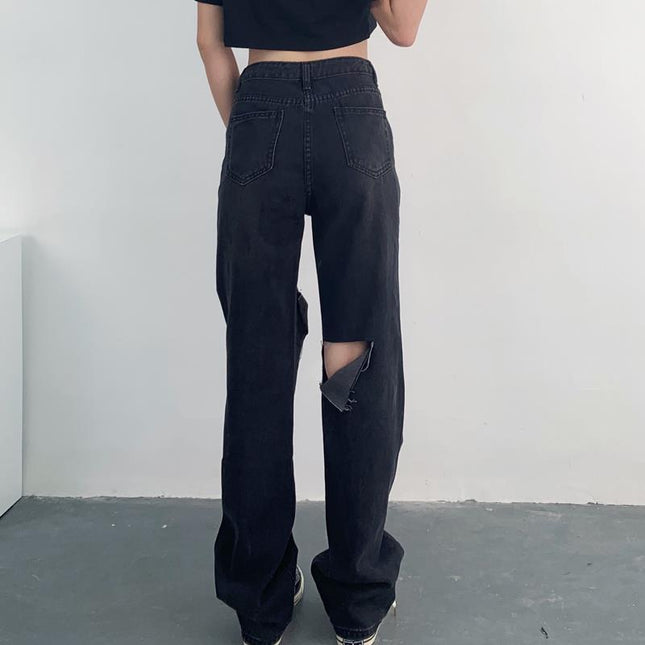 High Waist Ripped Loose Straight Leg Jeans Women Mopping Pants