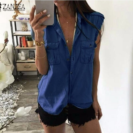 Summer Women Vintage Buttons Pockets Blouses Sexy Sleeveless Jeans Denim Blue Shirts