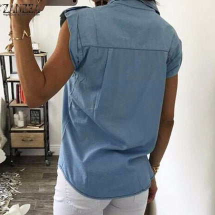 Summer Women Vintage Buttons Pockets Blouses Sexy Sleeveless Jeans Denim Blue Shirts