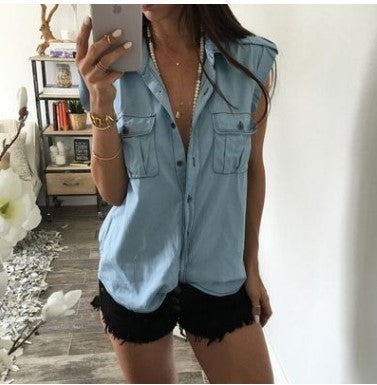 Summer Women Vintage Buttons Pockets Blouses Sexy Sleeveless Jeans Denim Blue Shirts