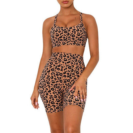 Leopard Print Yoga Tights Sportswear Short Beauty Back Sports Bra Women Suit