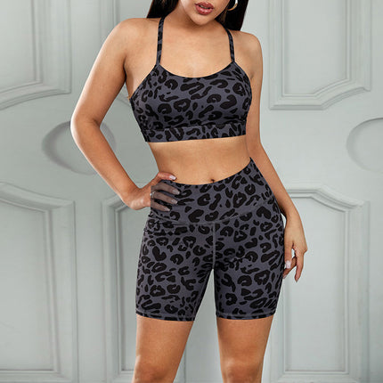 Leopard Print Yoga Tights Sportswear Short Beauty Back Sports Bra Women Suit