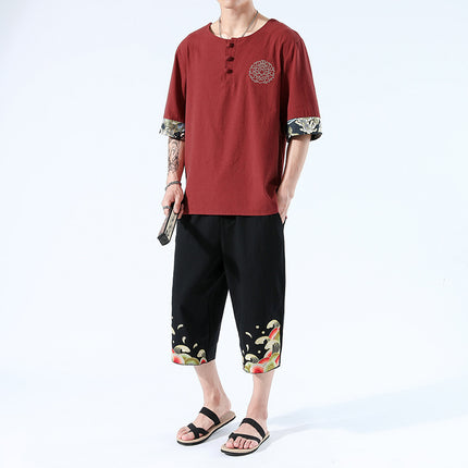 Japanesex Kimonos Summer 6 Colors Short-Sleeved T-shirt Harajuku Yukata Japan Embroidered Linen Men Shirts Trousers Asian Costume