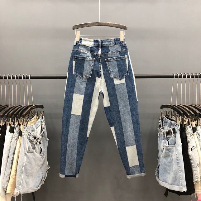 Contrasting Stitching Jeans Women Loose Spring New Ab Face Geometric Harem Pants Old Pants