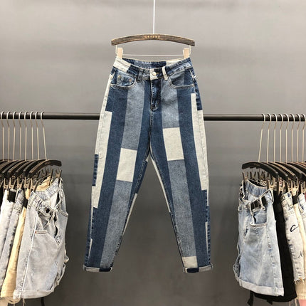 Contrasting Stitching Jeans Women Loose Spring New Ab Face Geometric Harem Pants Old Pants