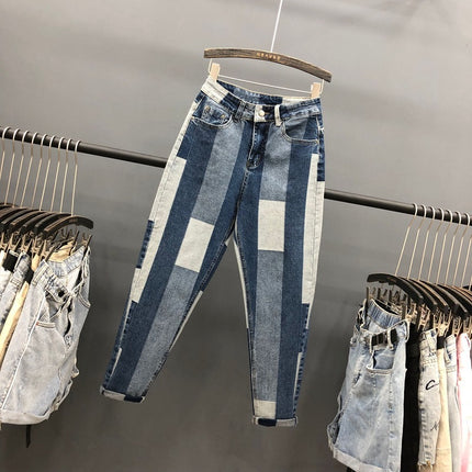 Contrasting Stitching Jeans Women Loose Spring New Ab Face Geometric Harem Pants Old Pants