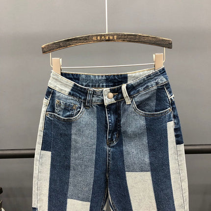 Contrasting Stitching Jeans Women Loose Spring New Ab Face Geometric Harem Pants Old Pants