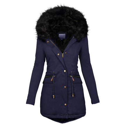 Women's Plush Hooded Parkas Winter Warm Thick  Zip-up Jackets Casual Mid-length Solid Buckle Pockets Coat Outerwear Clothing