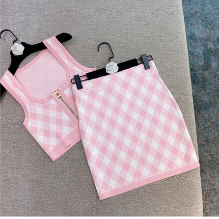 Spring New Sleeveless Square Neck Tank Tops Short Mini Skirt Pink Plaid Knitted Two Piece Set Women Outfits