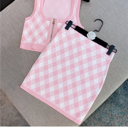 Spring New Sleeveless Square Neck Tank Tops Short Mini Skirt Pink Plaid Knitted Two Piece Set Women Outfits