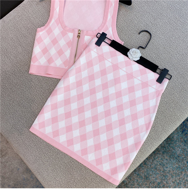 Spring New Sleeveless Square Neck Tank Tops Short Mini Skirt Pink Plaid Knitted Two Piece Set Women Outfits