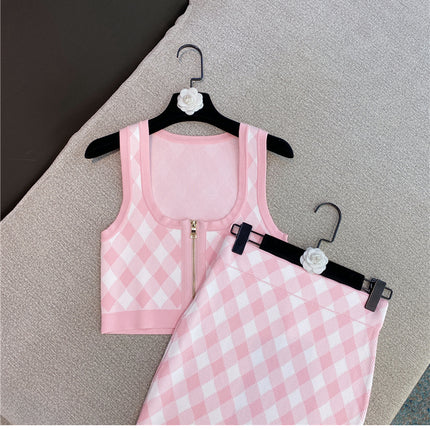 Spring New Sleeveless Square Neck Tank Tops Short Mini Skirt Pink Plaid Knitted Two Piece Set Women Outfits