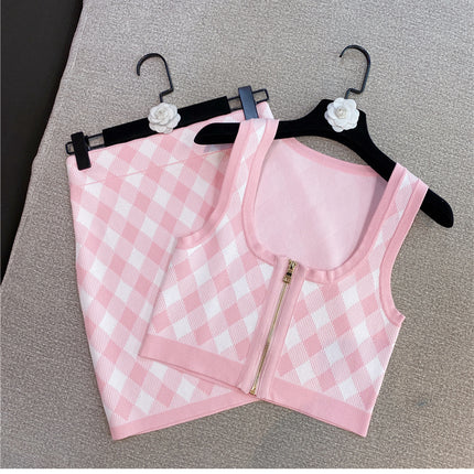 Spring New Sleeveless Square Neck Tank Tops Short Mini Skirt Pink Plaid Knitted Two Piece Set Women Outfits