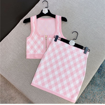 Spring New Sleeveless Square Neck Tank Tops Short Mini Skirt Pink Plaid Knitted Two Piece Set Women Outfits