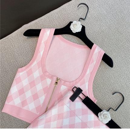 Spring New Sleeveless Square Neck Tank Tops Short Mini Skirt Pink Plaid Knitted Two Piece Set Women Outfits