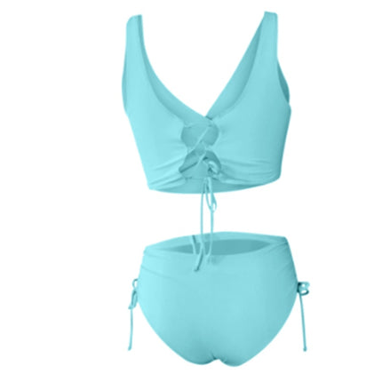 Bikini Solid Color Sexy Gathered Split High Waist Swimsuit With Rope