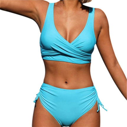 Bikini Solid Color Sexy Gathered Split High Waist Swimsuit With Rope