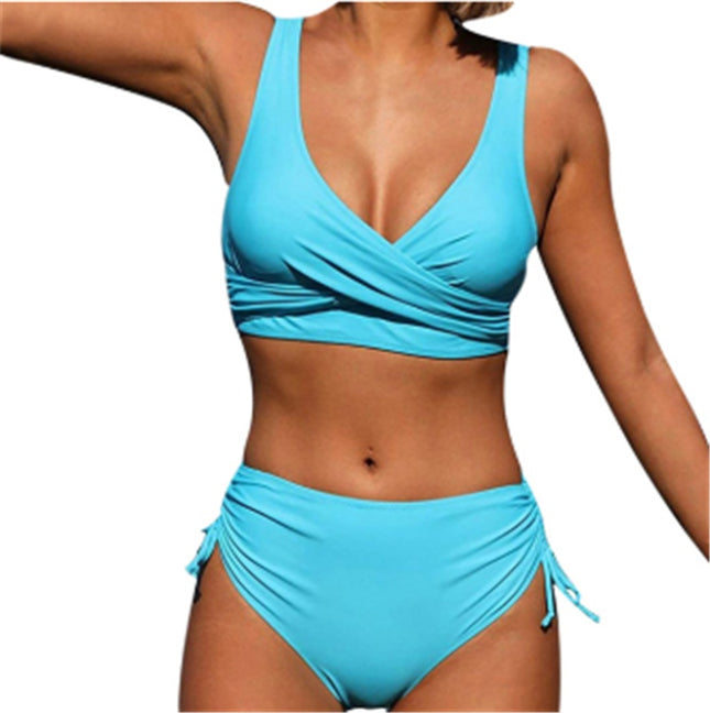 Bikini Solid Color Sexy Gathered Split High Waist Swimsuit With Rope