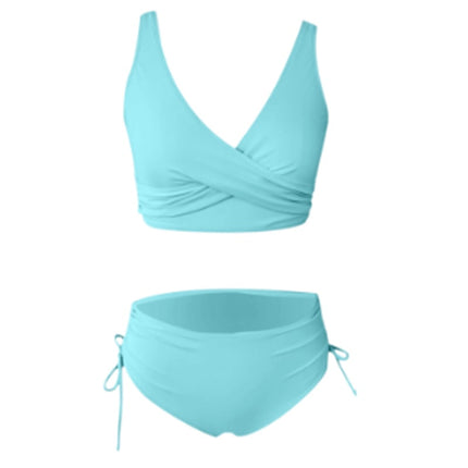 Bikini Solid Color Sexy Gathered Split High Waist Swimsuit With Rope