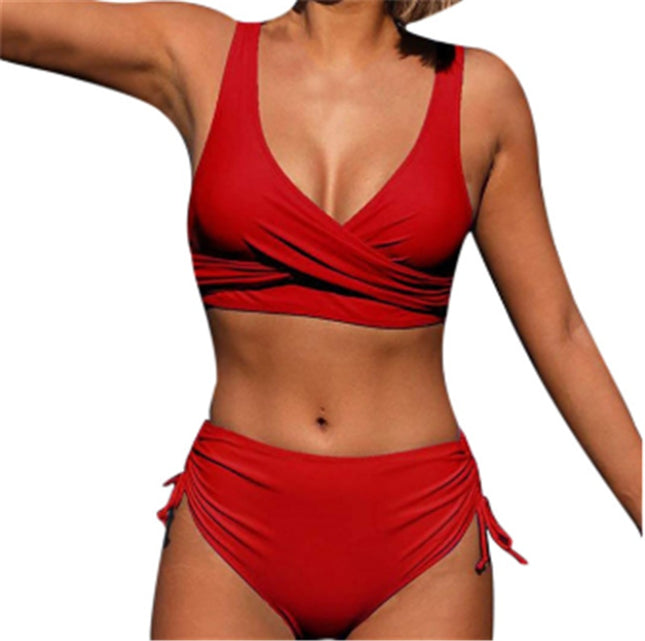 Bikini Solid Color Sexy Gathered Split High Waist Swimsuit With Rope