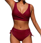 Bikini Solid Color Sexy Gathered Split High Waist Swimsuit With Rope