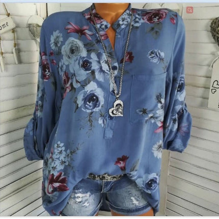 5XL Plus Size Summer Tops Women Blouses Long Sleeve Print Stand Collar Button Blouse Pullover Womens Clothing Shirt Blusa