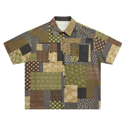 Original Green Coffee Color Matching Cashew Flower Shirt Ami Kaji Shirt Summer Shirt Men'S Short-Sleeved Japanese Shirts For Men And Women