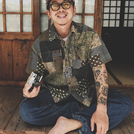 Original Green Coffee Color Matching Cashew Flower Shirt Ami Kaji Shirt Summer Shirt Men'S Short-Sleeved Japanese Shirts For Men And Women