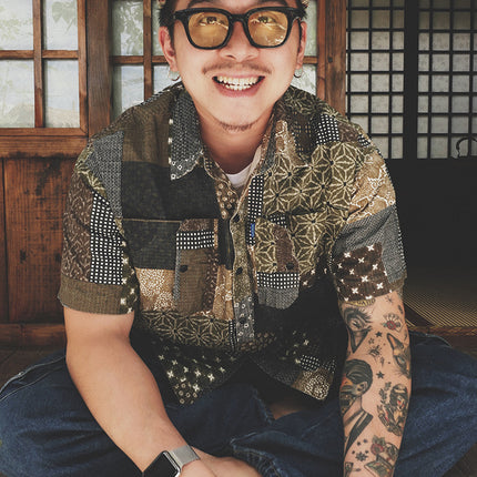 Original Green Coffee Color Matching Cashew Flower Shirt Ami Kaji Shirt Summer Shirt Men'S Short-Sleeved Japanese Shirts For Men And Women