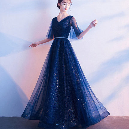 Beauty-Emily Tulle V Neck Ruffle Evening Dresses Long A-line Crystal Formal Dress Party Prom Gowns Lace Up Back Vestido de noche