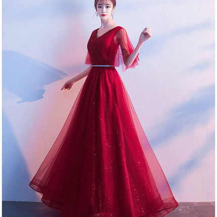 Beauty-Emily Tulle V Neck Ruffle Evening Dresses Long A-line Crystal Formal Dress Party Prom Gowns Lace Up Back Vestido de noche