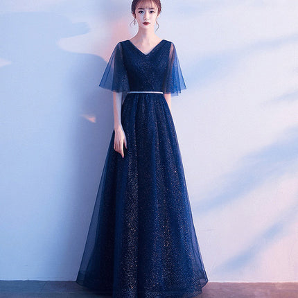 Beauty-Emily Tulle V Neck Ruffle Evening Dresses Long A-line Crystal Formal Dress Party Prom Gowns Lace Up Back Vestido de noche