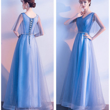 Beauty-Emily Tulle V Neck Ruffle Evening Dresses Long A-line Crystal Formal Dress Party Prom Gowns Lace Up Back Vestido de noche