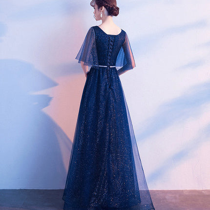 Beauty-Emily Tulle V Neck Ruffle Evening Dresses Long A-line Crystal Formal Dress Party Prom Gowns Lace Up Back Vestido de noche
