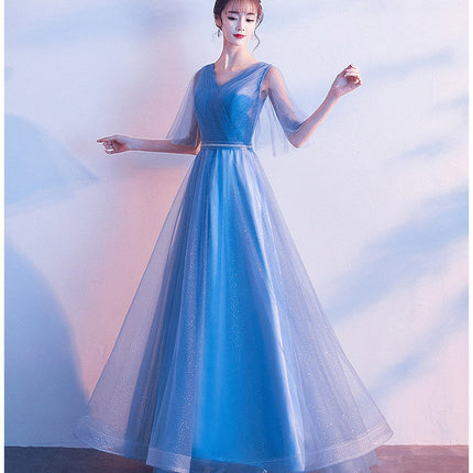 Beauty-Emily Tulle V Neck Ruffle Evening Dresses Long A-line Crystal Formal Dress Party Prom Gowns Lace Up Back Vestido de noche