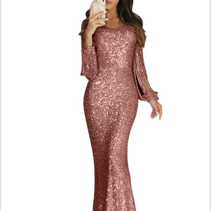 Women's Dresses Evening Wear Long Sleeve Tassel Dinner Dress