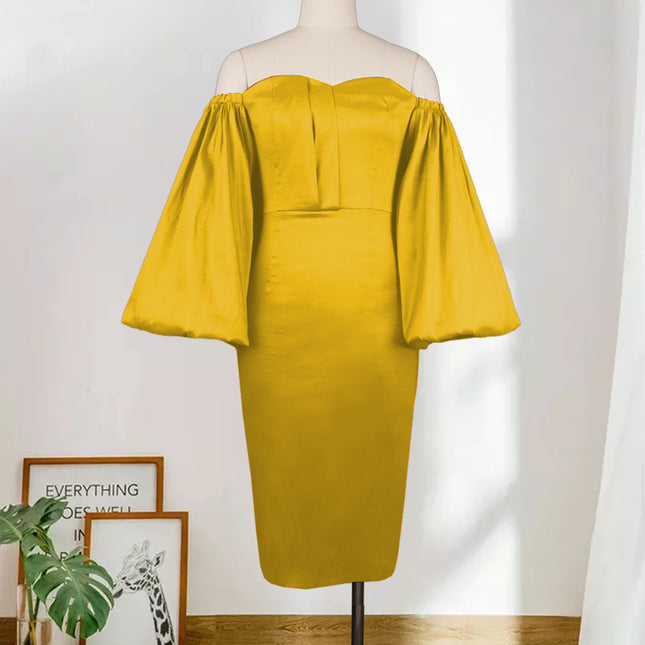 Sexy Tube Top Strapless Lantern Sleeves High Waist Plus Size Slim Party Dress