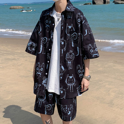 Summer New Men'S Suit Shorts Short-Sleeved Shirt Casual Loose Large Size Trend Tide Brand Hong Kong Style Suit Men