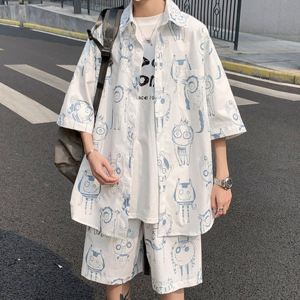 Summer New Men'S Suit Shorts Short-Sleeved Shirt Casual Loose Large Size Trend Tide Brand Hong Kong Style Suit Men