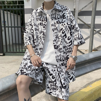 Summer New Men'S Suit Shorts Short-Sleeved Shirt Casual Loose Large Size Trend Tide Brand Hong Kong Style Suit Men
