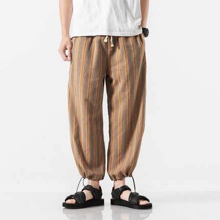 Linen Cropped Trousers Striped Cotton Linen Trousers