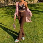 British Style Retro Brown High Waist Stretch Bootcut Jeans Women Casual Pants