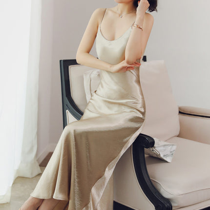 Dress Spaghetti Strap Party Dress Vintage Gold White Silk Sexy Maxi Dresses