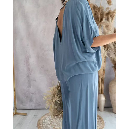 Women's 2 Piece Outfit, Casual Solid Color V-Neck Half Sleeve Top And Wide Leg Pants Lounge Set