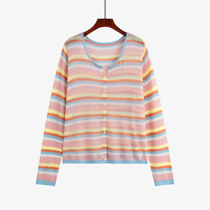 Plus Size Round Neck Color Striped Shirt Women's Thin Top