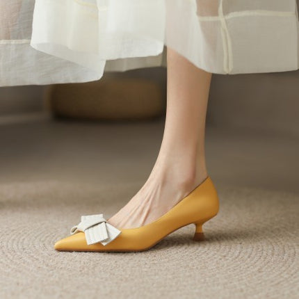 Genuine Leather French Retro Plus Size All-match Bow Pointed Toe Low-cut Shoes Women