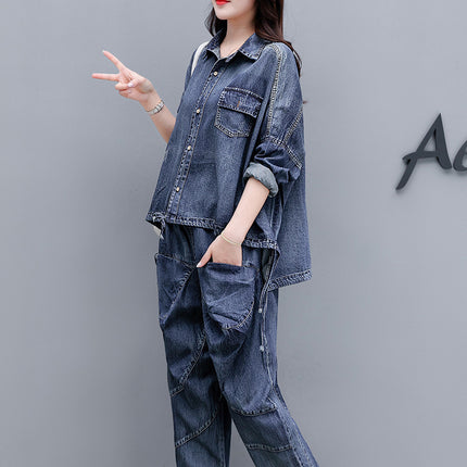 Loose Plus Size Distressed Denim Harem Pants Two-piece Women